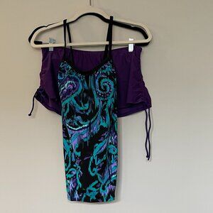 2 Piece Tankini Swim suit with Swim Skirt Purple Green Black Size M